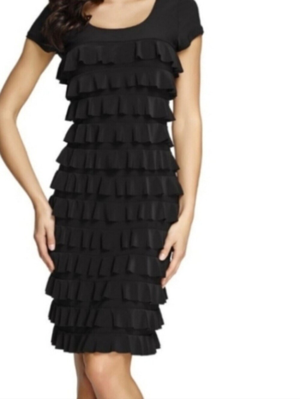 Frank Lyman Design Black Ruffle Tiered Scoop-Neck Midi Dress Sz 10 Cocktail